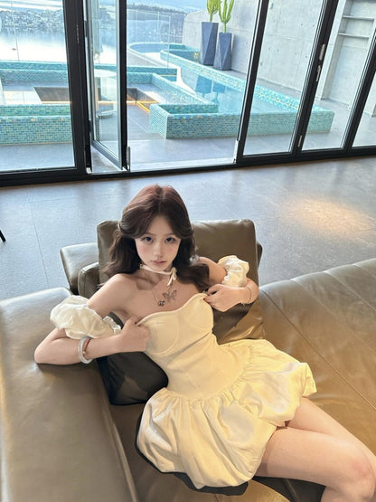 French white puff sleeve one-shoulder bandeau dress women's summer beautiful dress short skirt homecoming dress R3004