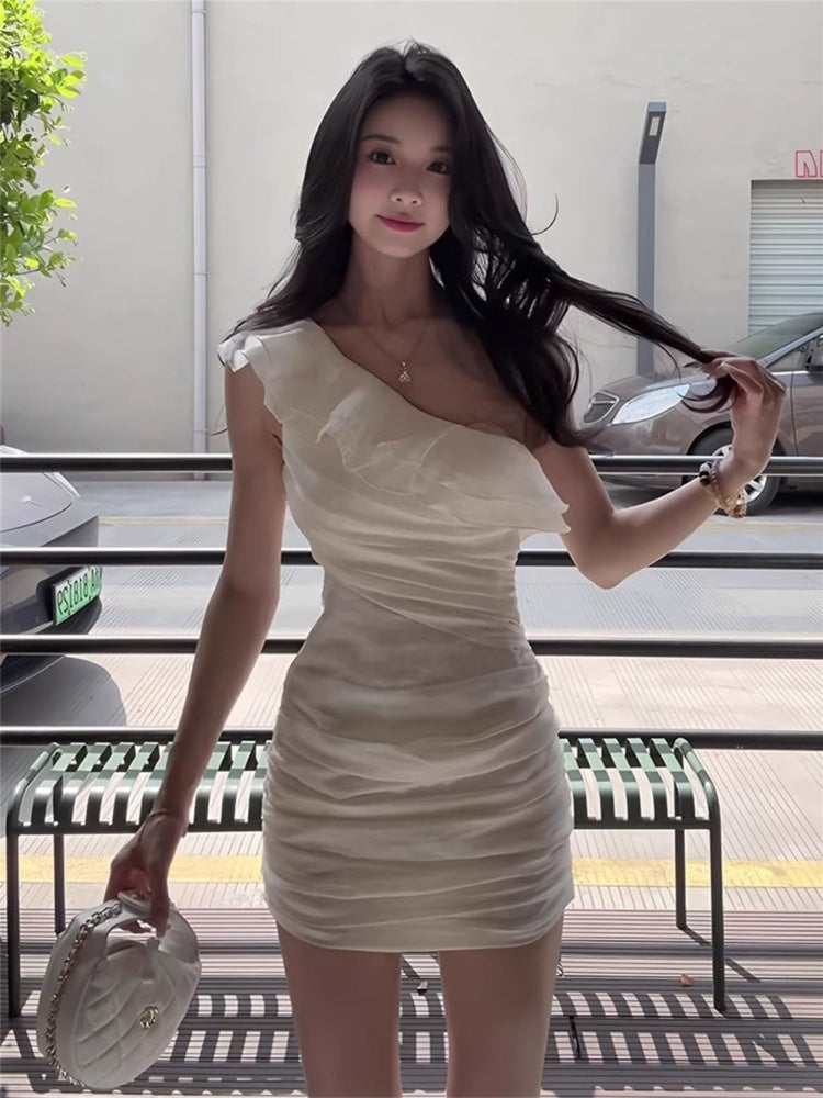 White ruffled dress women's summer slim fit hip skirt short skirt homecoming dress R3021