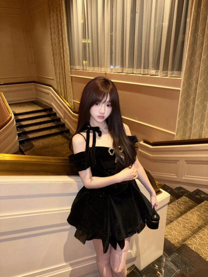 Black velvet dress women's summer princess dress waist puffy skirt homecoming dress R3020