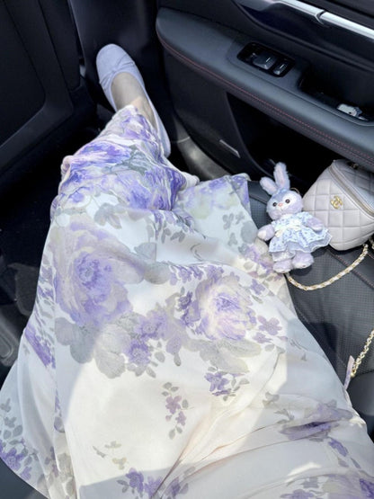 Purple chiffon floral dress for women 2025 summer beautiful waist long dress homecoming dress R3013