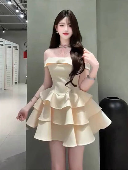 Princess Tutu Summer French Thousand Gold Bow One Shoulder Light Luxury Dress Homecoming Dress R3022