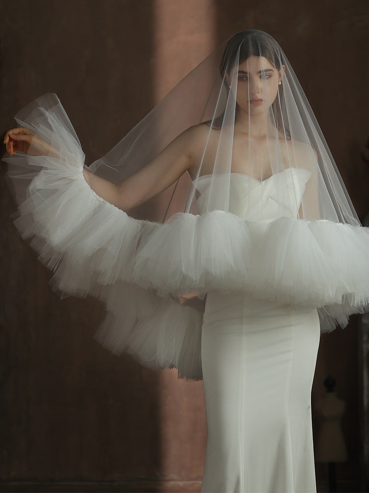 White Ruffles Tulle Wedding Veil Without Comb