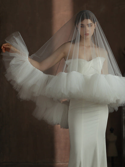 White Ruffles Tulle Wedding Veil Without Comb