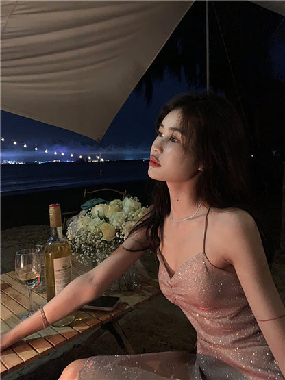 Beach vacation Sanya travel outfit sexy backless suspender beach dress R1455