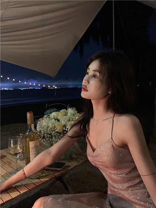 Beach vacation Sanya travel outfit sexy backless suspender beach dress R1455