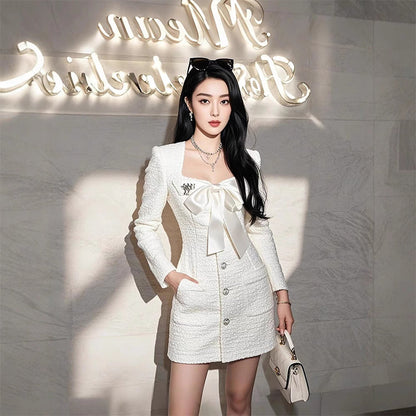 Birthday party small dress skirt high-end light luxury niche formal occasion bow white dress R1773