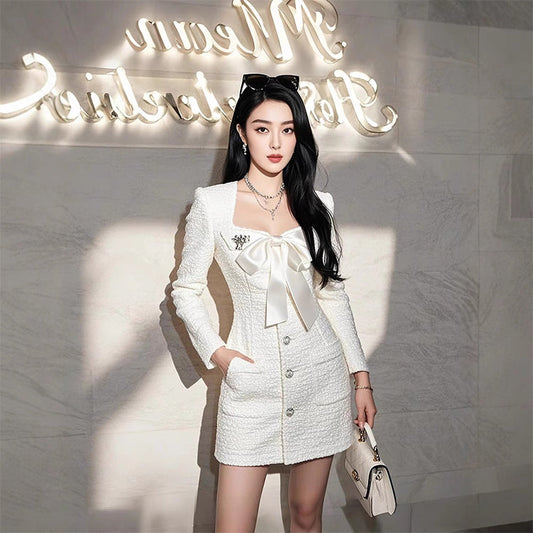 Birthday party small dress skirt high-end light luxury niche formal occasion bow white dress R1773
