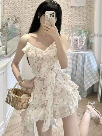 Fashion Irregular Ruffled Floral Design A-line Sleeveless Spaghetti Strap Dress TP3279