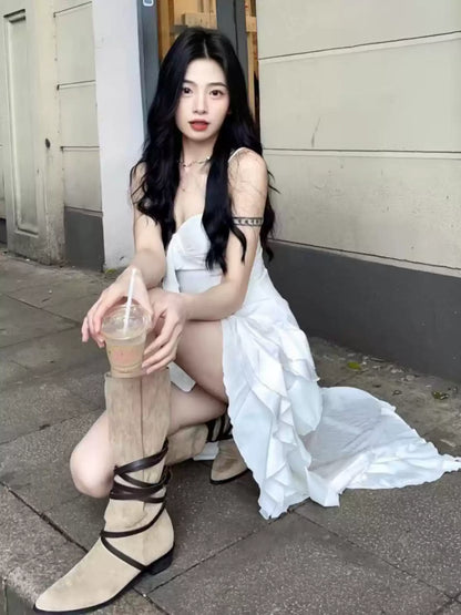 New Fashion White Irregular Ruffled Hem Design A-line Sleeveless Spaghetti Strap Dress TP3299