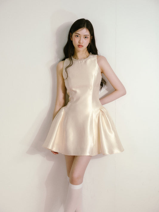 Beige glossy satin 3D handmade pearl princess skirt puffy dress R5133
