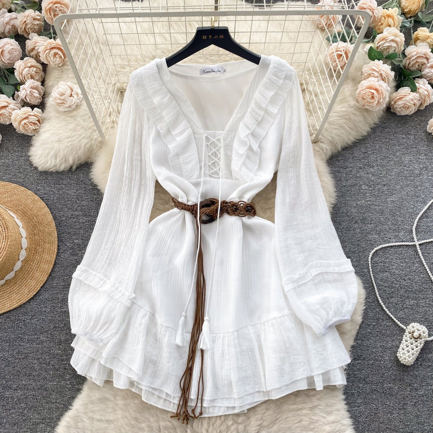 2025 new holiday style outfit sweet wood ear straps slim short ruffle dress R2162
