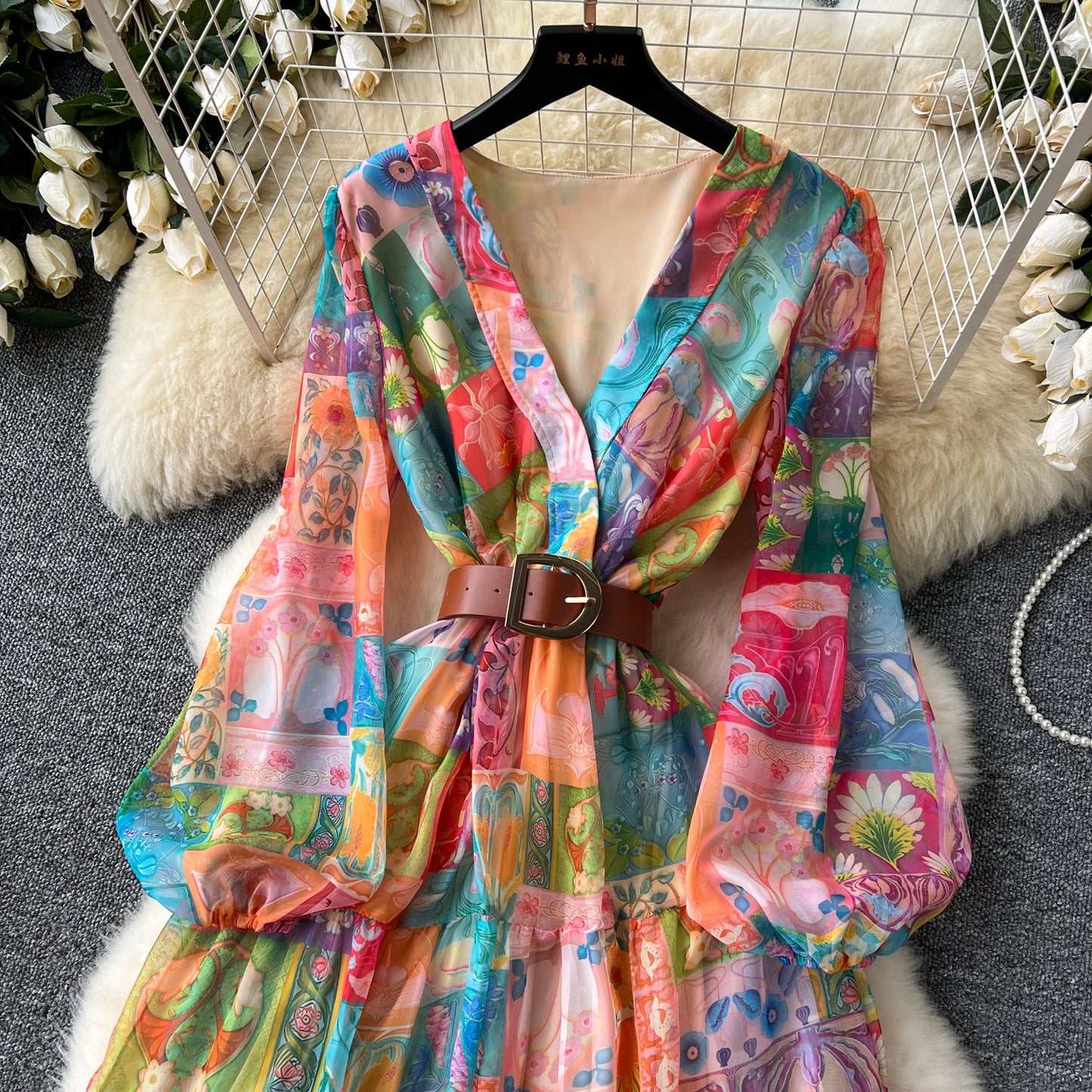 European and American style dress V-neck lantern sleeve waist wide swing ruffled long skirt R2313