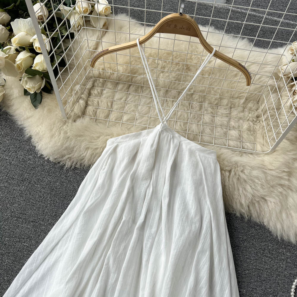 2025 summer new design niche sling holiday dress white beach dress halter dress R2299
