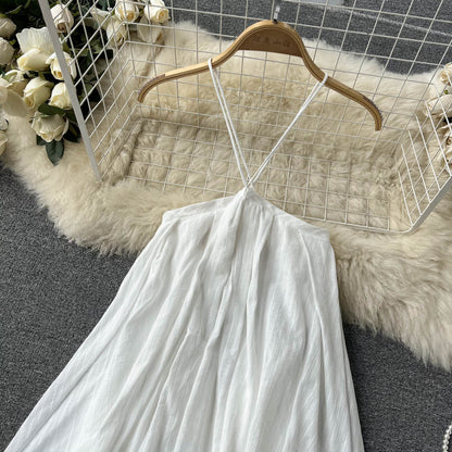 2025 summer new design niche sling holiday dress white beach dress halter dress R2299