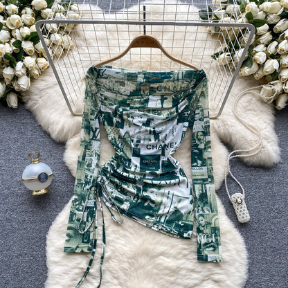 European and American hot girl style tie-dyed one-shoulder drawstring pure desire niche chic top R2296