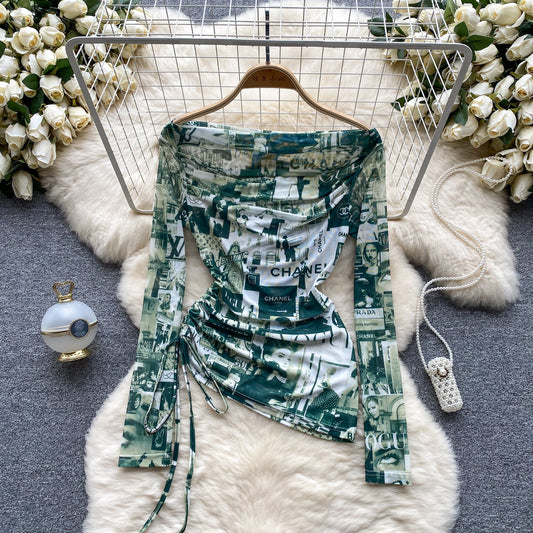 European and American hot girl style tie-dyed one-shoulder drawstring pure desire niche chic top R2296