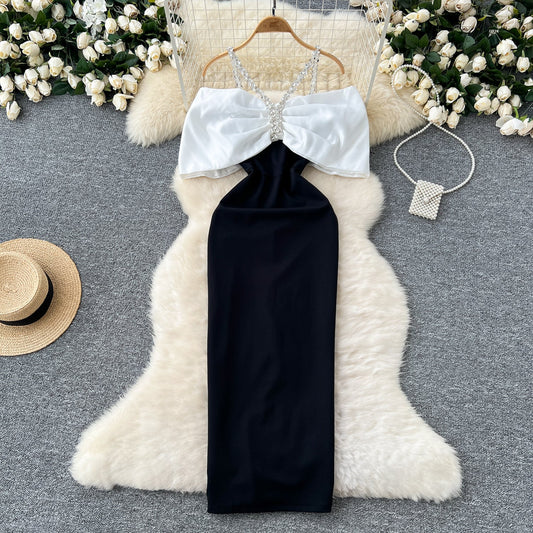 Evening dress high-end dress diamond-studded halter neck bow slim dress R2329