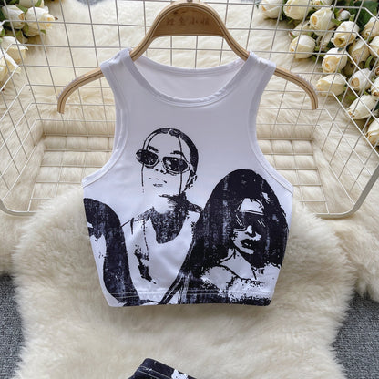 American retro printed sleeveless vest + hip skirt two-piece suit R2292