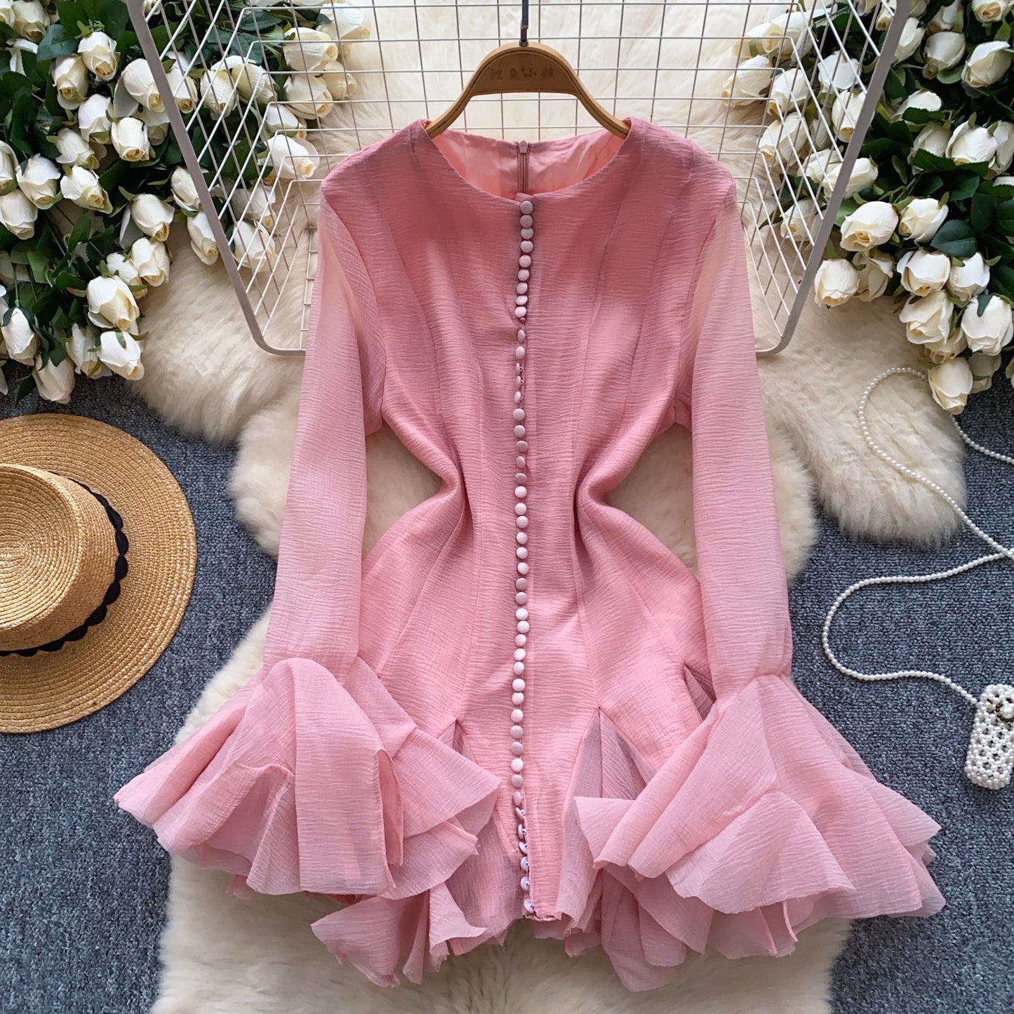 European and American style petal sleeve dress with ruffle design, unique temperament short skirt R2277