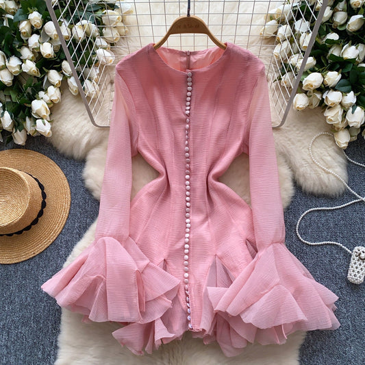European and American style petal sleeve dress with ruffle design, unique temperament short skirt R2277