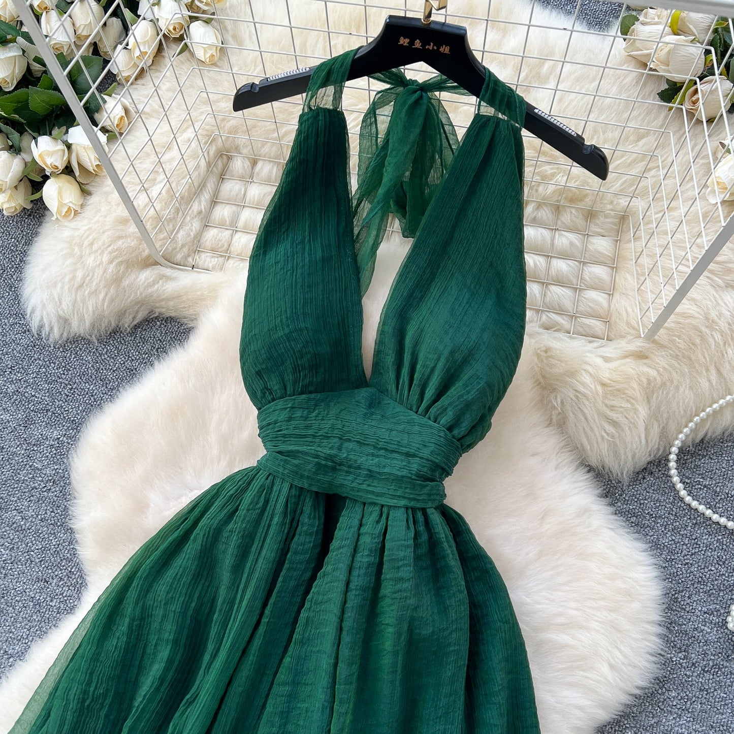 Elegant dress French style deep V-neck halter neck strap waist slit backless holiday long dress R2264