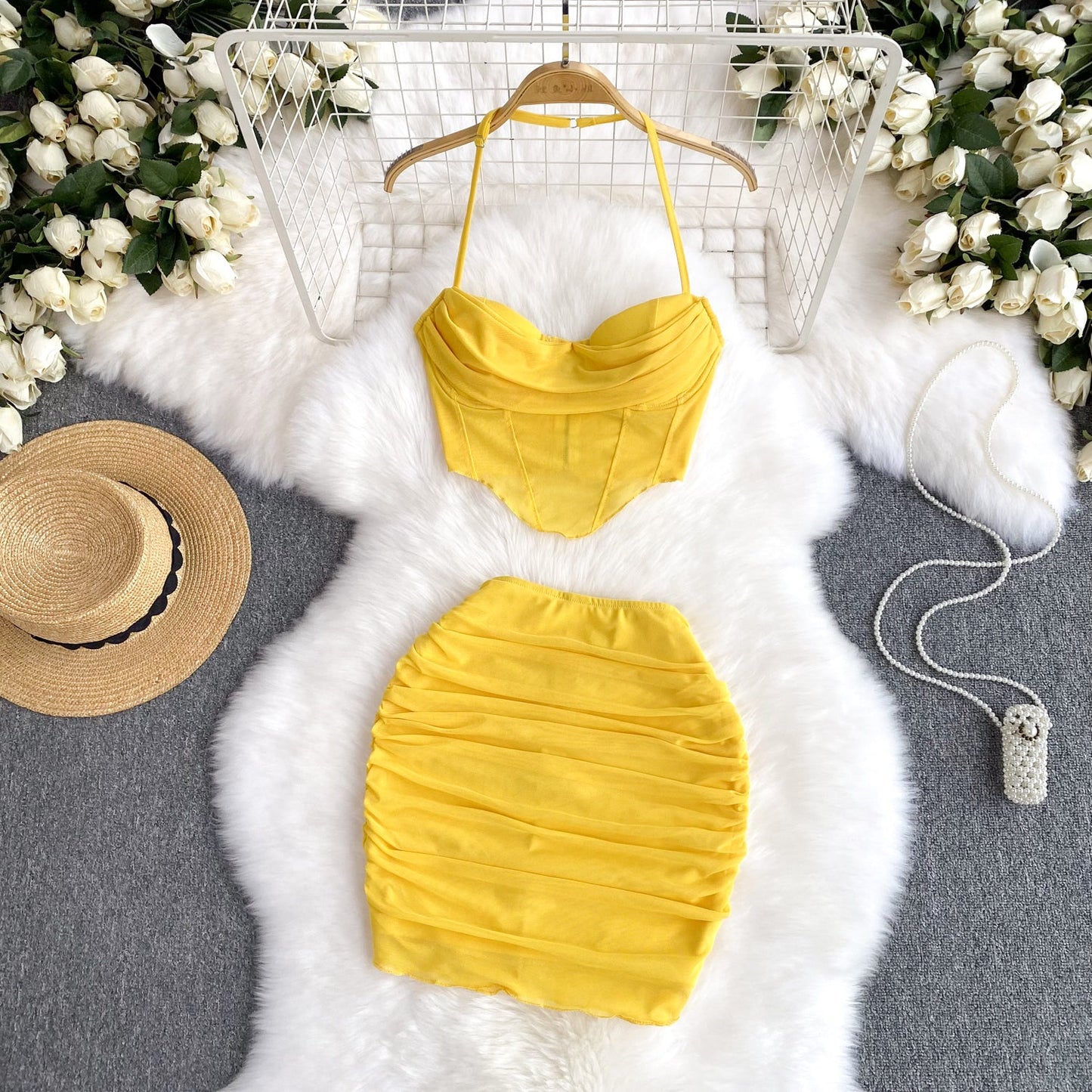 European and American suit pure desire hot girl sexy halter neck camisole + tight mesh skirt R2281