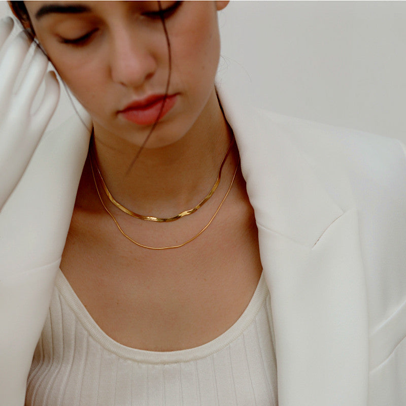 Dainty Snake Double layer Choker,Snake Chain Necklace,Herringbone Necklace,Gold Double Chain,Omega Chain Necklace,Thin Chain Necklace E019