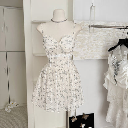 Ballet apricot floral suspender dress gentle short skirt R2116