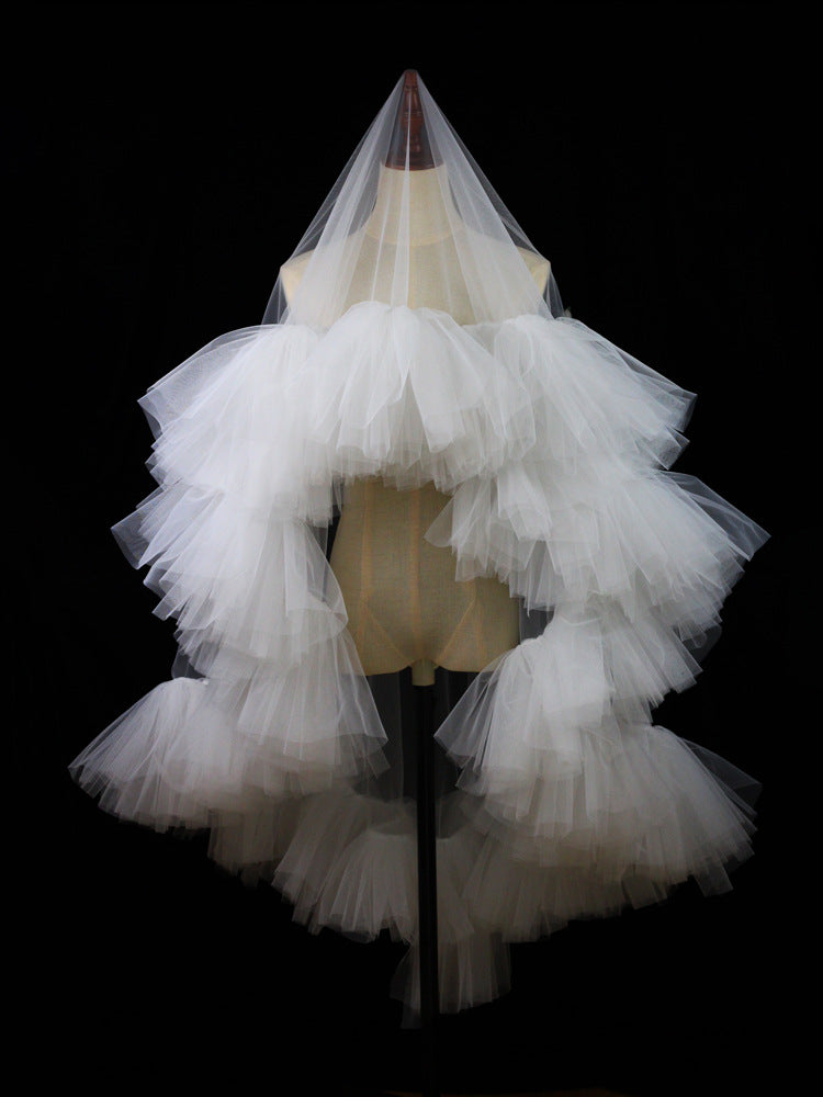 White Ruffles Tulle Wedding Veil Without Comb