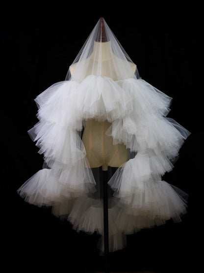 White Ruffles Tulle Wedding Veil Without Comb