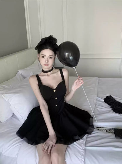 New Fashion Cinched Waist Design Black A-line Sleeveless Spaghetti Strap Dress TP3280