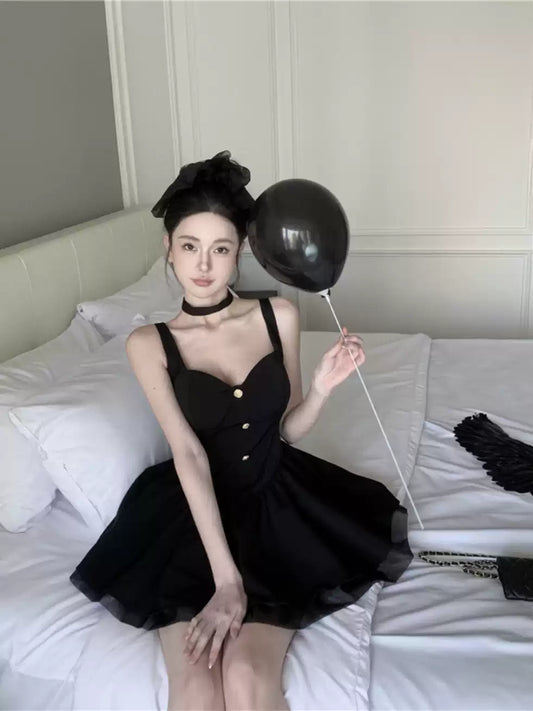 New Fashion Cinched Waist Design Black A-line Sleeveless Spaghetti Strap Dress TP3280