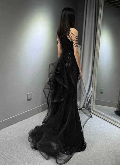 Sexy Mermaid Scoop Neckline Black Sequin Floor Length Prom Dresses P2401