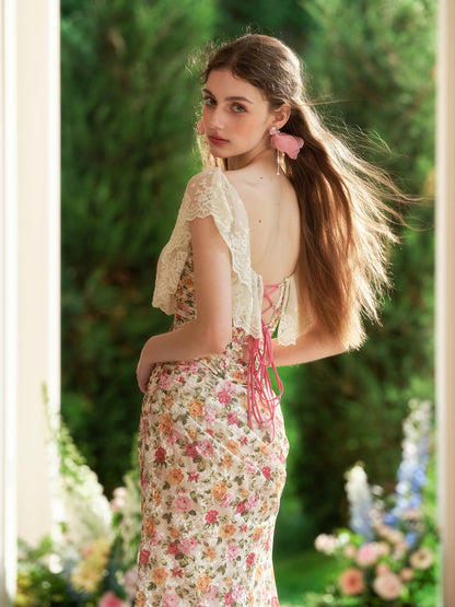 French romantic floral lace tube top fishbone top fishtail skirt suit homecoming dress R5121