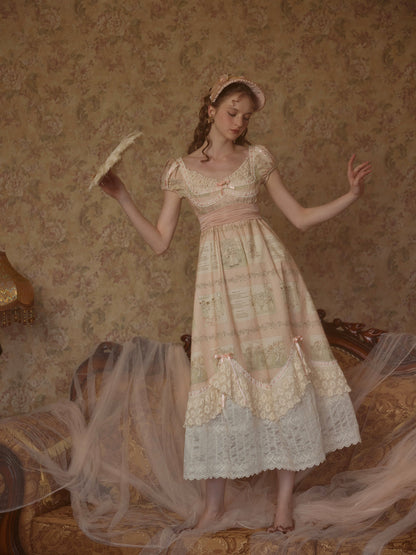 French court style empire dress printed lace dress cotton homecoming dress R5116