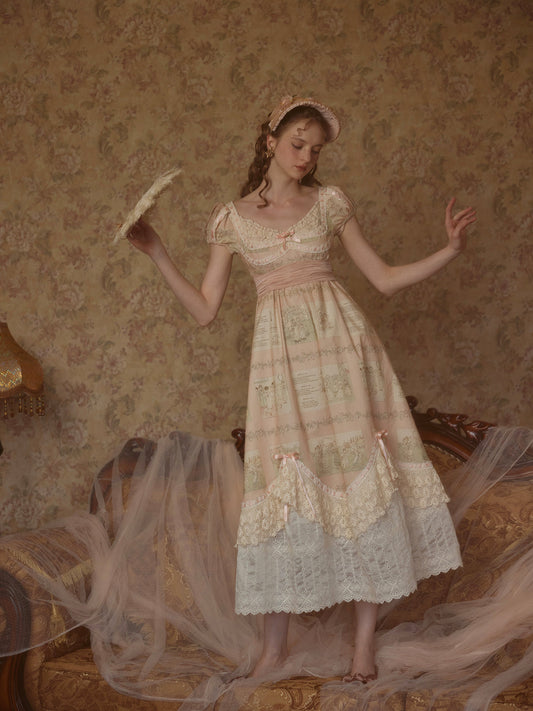 French court style empire dress printed lace dress cotton homecoming dress R5116