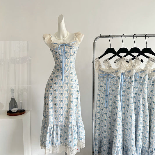 Blue lace splicing floral dress sweet cute gentle long dress R2040