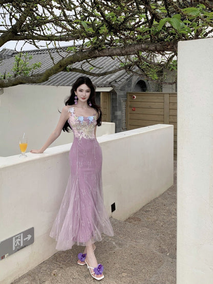 Beautiful little skirt purple flower sling dress beautiful waist hip skirt R0656