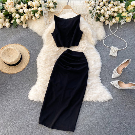 Cool Internet celebrity suit solid color vest short top high waist mid-length skirt two-piece suit R2140