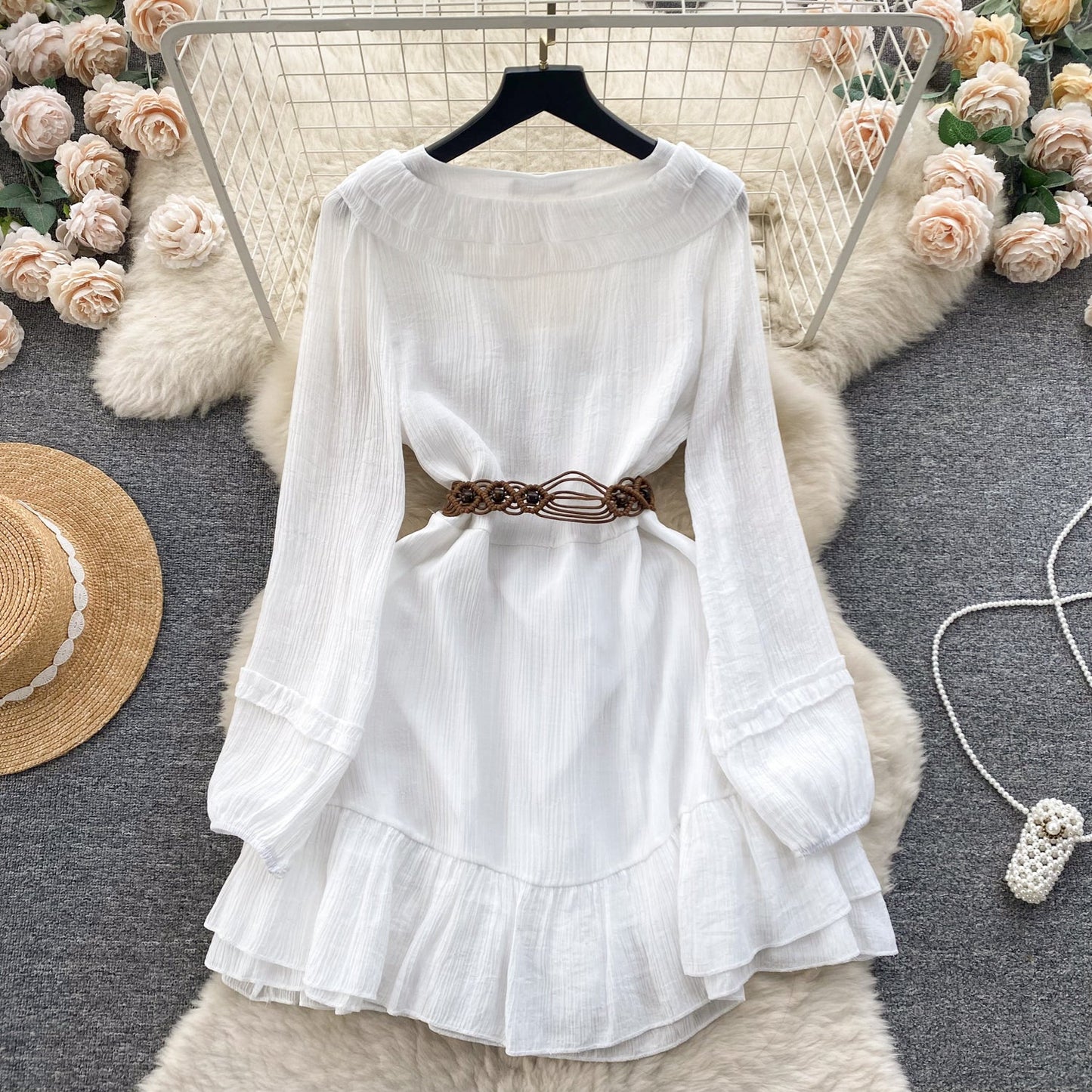 2025 new holiday style outfit sweet wood ear straps slim short ruffle dress R2162