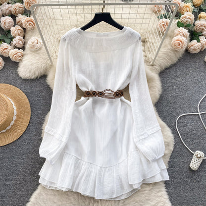 2025 new holiday style outfit sweet wood ear straps slim short ruffle dress R2162