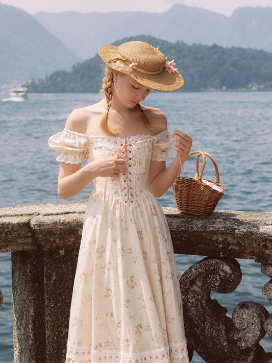 French design pastoral style printed slim fishbone corset dress homecoming dress R5163