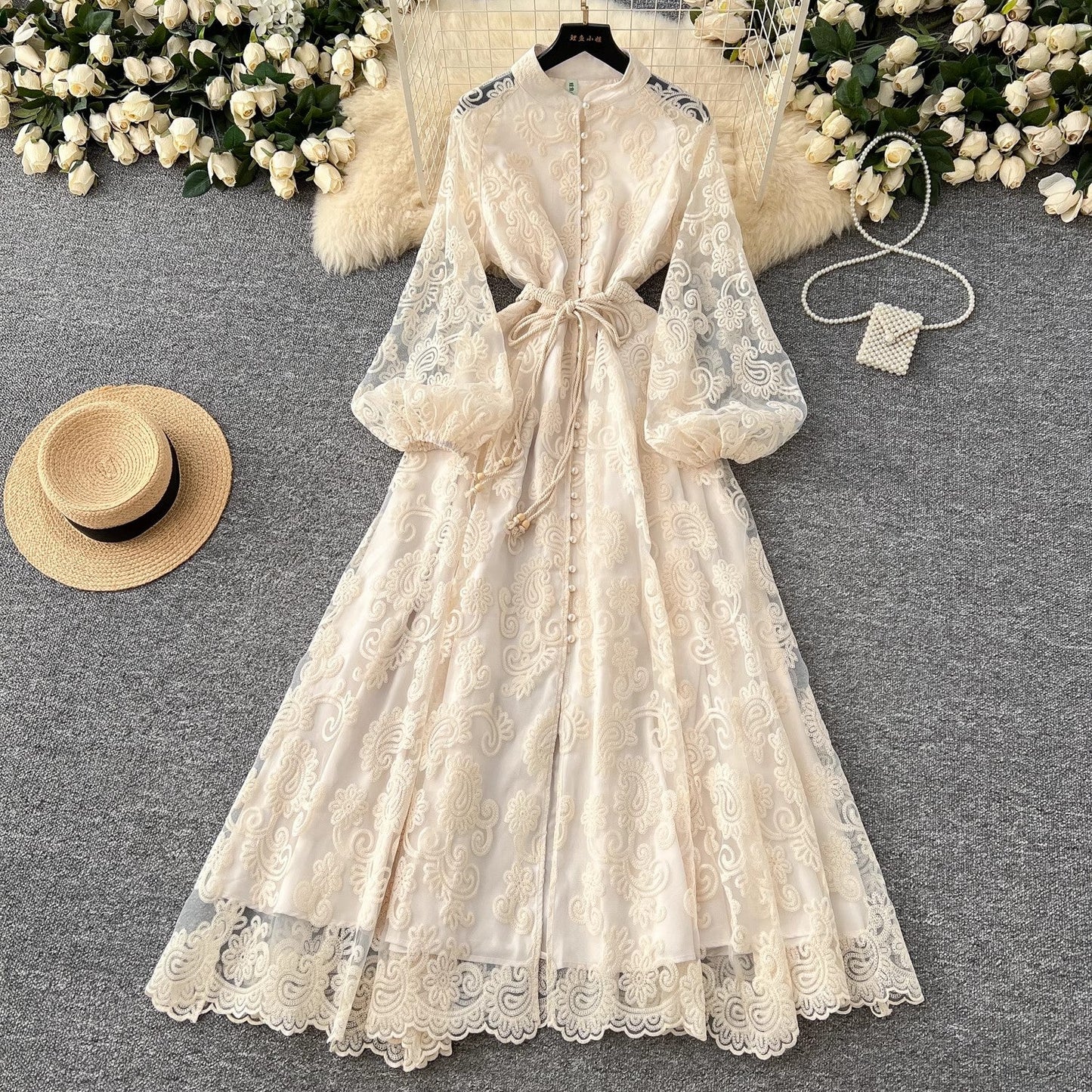 Elegant Stand Collar Crochet Embroidery Lantern Sleeve Tie Waist Long Dress R2250