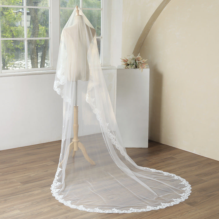 Classy 3M White Lace Tulle Wedding Veil