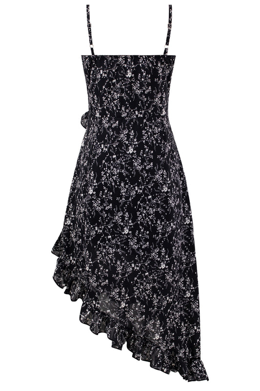 Bevel floral suspender dress French style slim waist long dress for women summer irregular R0031