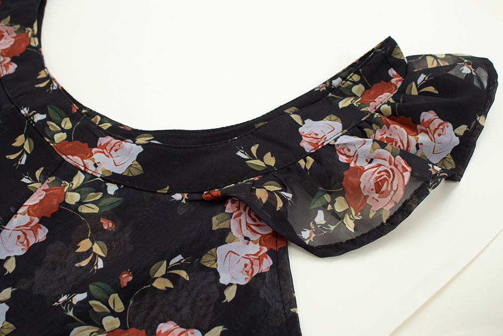 Black small flying sleeve slim floral long skirt 2025 new holiday style French retro dress R0048