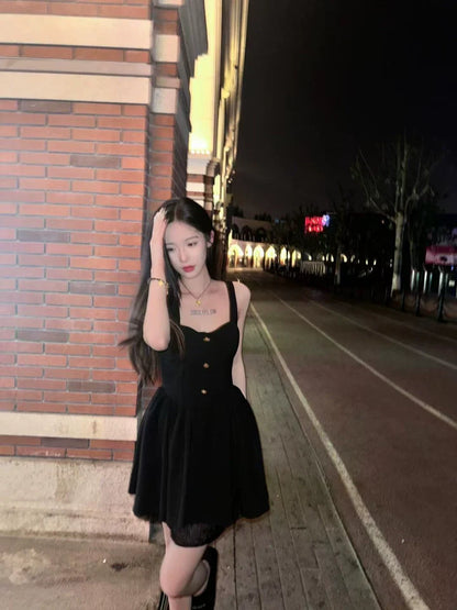 New Fashion Cinched Waist Design Black A-line Sleeveless Spaghetti Strap Dress TP3280