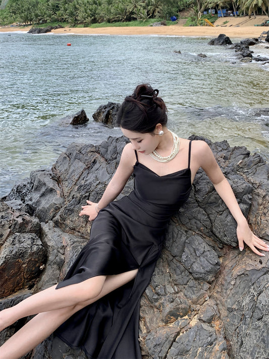 Black suspender dress slim sexy temperament slit silk satin holiday wear skirt R1443