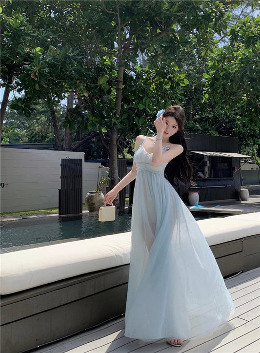 Blue V-neck suspender dress beautiful gentle temperament small skirt R0669