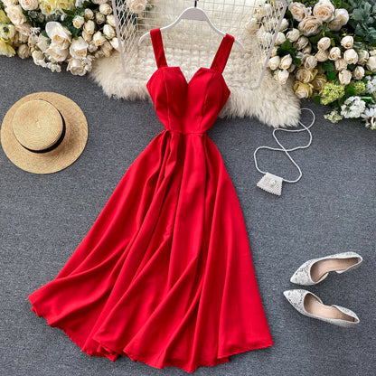 2025 new design V-neck backless retro solid color waist slimming dress R2157